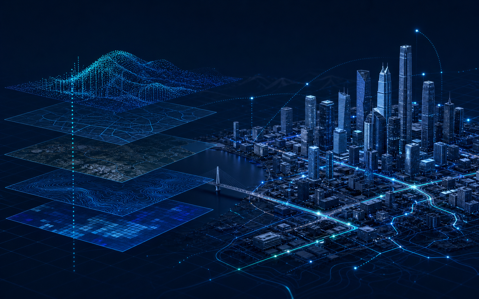 Layered digital twin of a city connected to spatial data